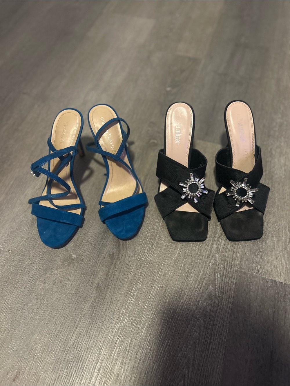 Gibson Latimer Blue Strappy Suede Heels & Black Olivia Miller Embellished Mules